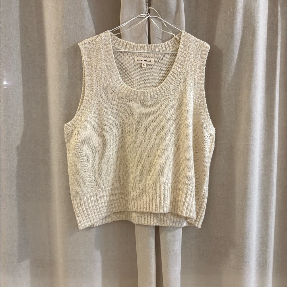 Lucky Brand Metallic Cream Knit Sweater Vest with Scoop Neck